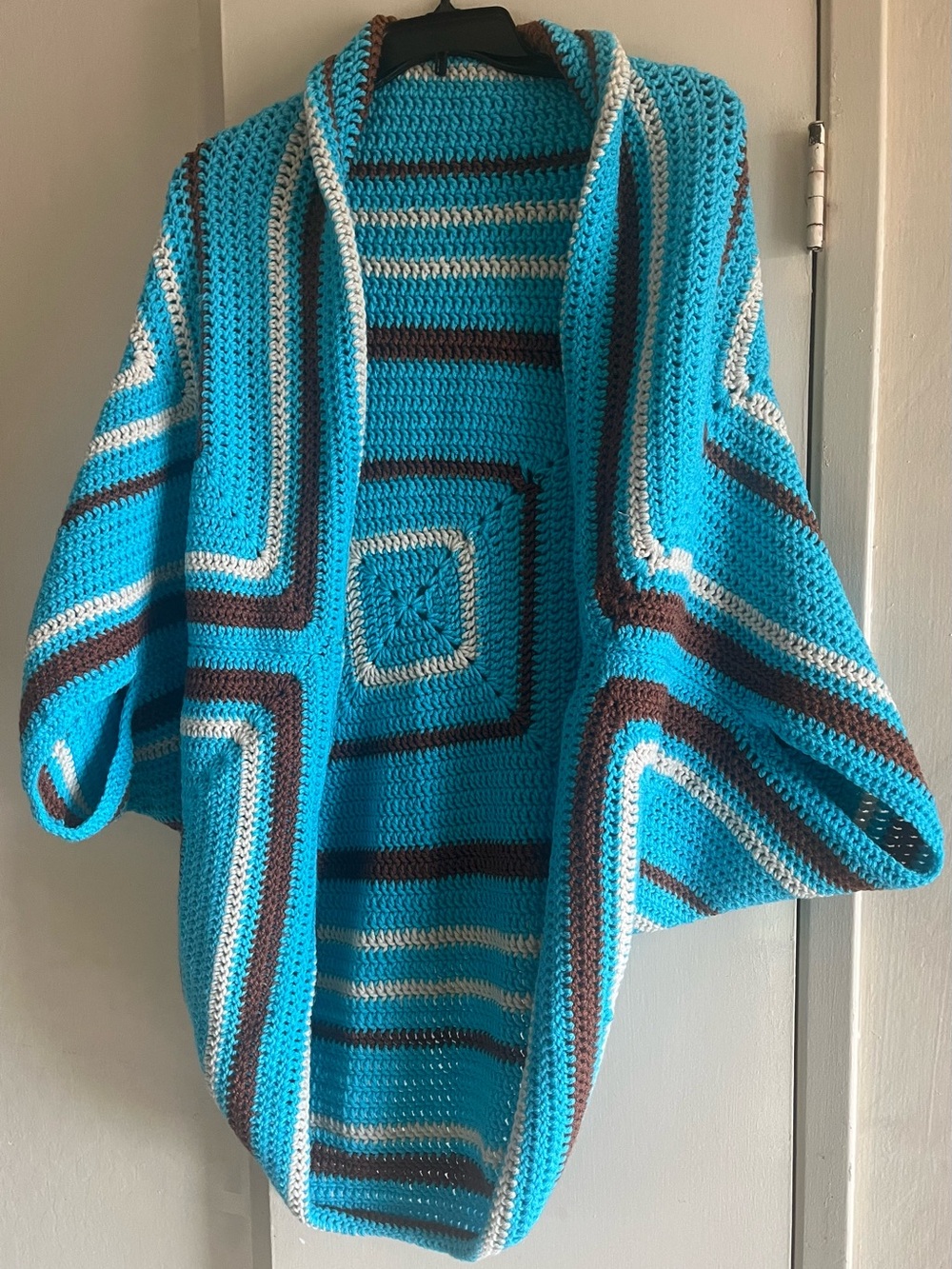 Turquoise Striped Crochet Open Cardigan Sweater